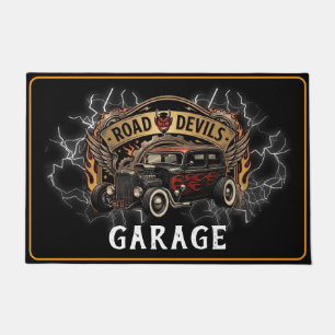 Garage Road Devils Hotrod Black Red Flames Doormat