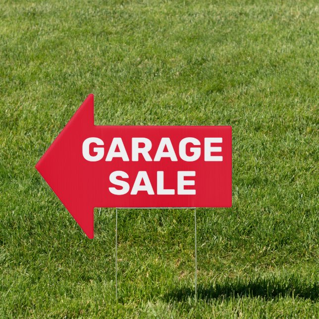 Garage Sale bold white text on red 2-sided Arrow Sign (Insitu)