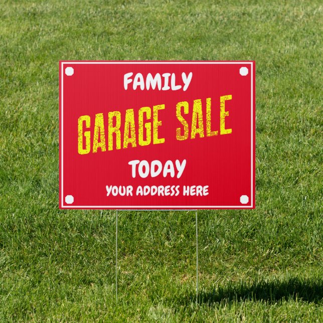 Garage Sale Family White Text Yellow Text Red Sign (Insitu)