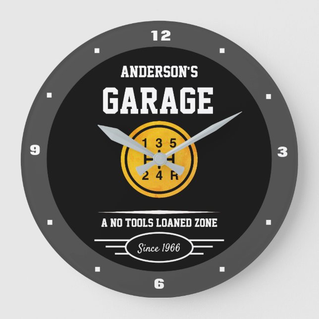 Garage Slogan Any Name Gold Car Gear Shifter Knob Large Clock (Front)