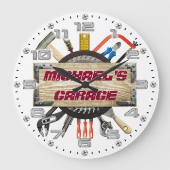 Garage Tools Man Cave Personalizable Retro-style Large Clock by NiceTiming at Zazzle
