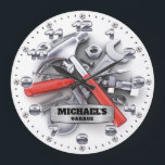 Garage Tools Man Cave Personalizable Wall Clock<br><div class="desc">A unique garage or man cave personalizable decorative wall clock.
A great addition to any home,  garage,  shop or barn.
Also makes a great gift idea for any father or husband.</div>