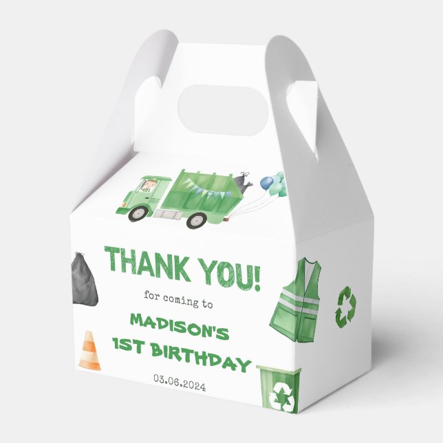 Garbage Trash Truck 1st Birthday Party Favor Boxes (Front Side)