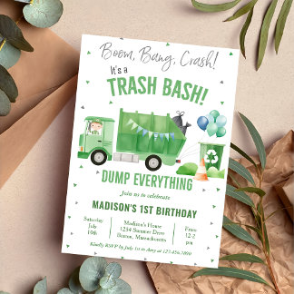 Garbage Trash Truck 1st Birthday Party  Invitation
