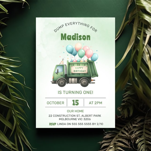 Garbage Trash Truck 1st Birthday Party  Invitation (Creator Uploaded)