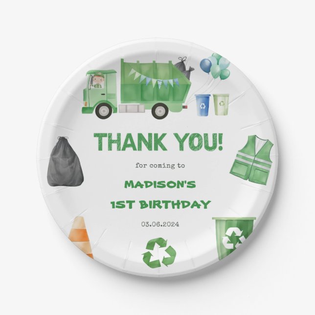 Garbage Trash Truck 1st Birthday Party Paper Plates (Front)