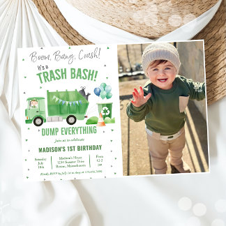 Garbage Trash Truck 1st Birthday Party Photo Invitation