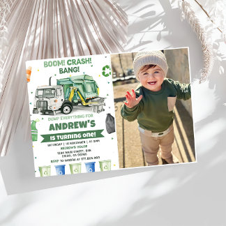 Garbage Trash Truck 1st Birthday Party Photo  Invitation