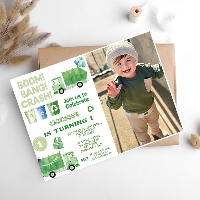 Garbage Trash Truck 1st Birthday Party Photo  Invitation (Creator Uploaded)