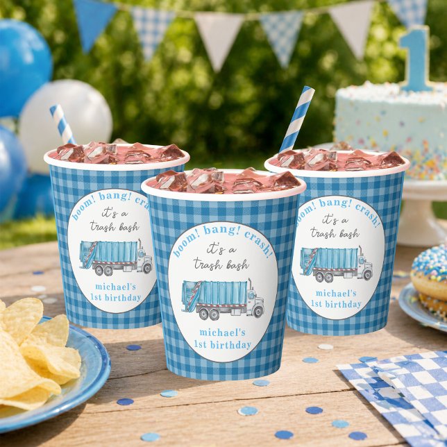 Garbage Trash Truck Blue Birthday Personalized Paper Cups (Creator Uploaded)