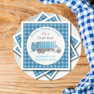 Garbage Trash Truck Blue Gingham 1st Birthday  Napkins