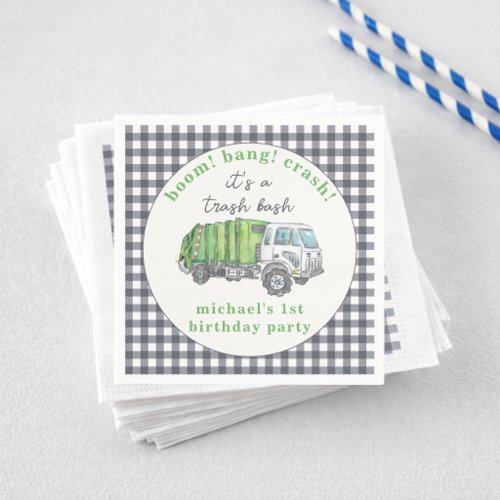 Garbage Trash Truck Green Gingham 1st Birthday  Napkins