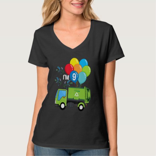 Garbage Truck 9th Birthday Vehicle Green Balloons  T_Shirt