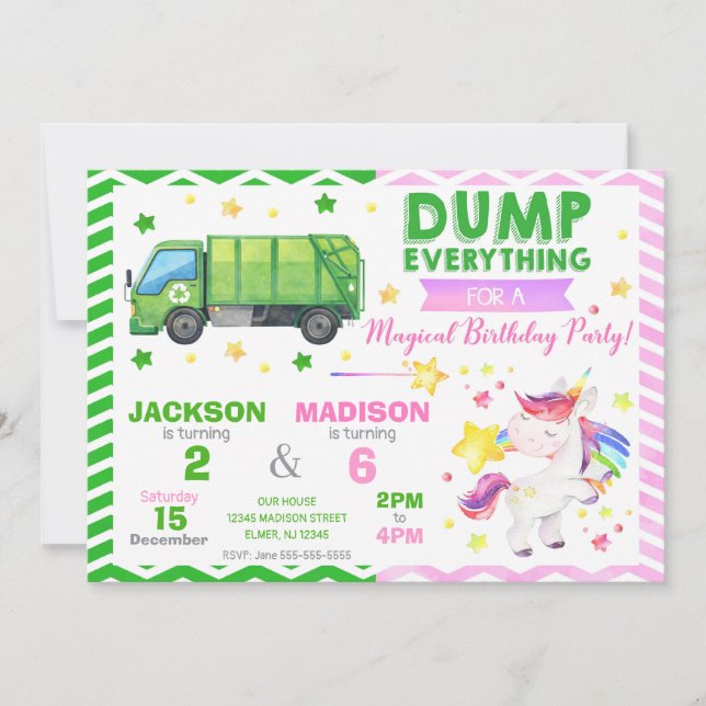 Garbage Truck and Unicorn Joint Birthday Invitation (Front)