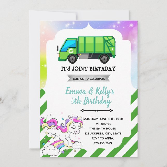 Garbage truck and unicorn joint party invitation (Front)