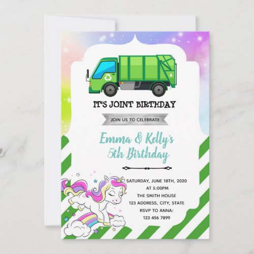 Garbage truck and unicorn joint party invitation