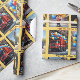Garbage Truck Backhoe Boy's Name Birthday Balloons Wrapping Paper
