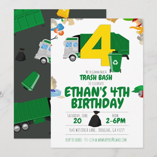 Garbage Truck Birthday, Garbage Truck 4th Birthday Invitation (Front/Back)