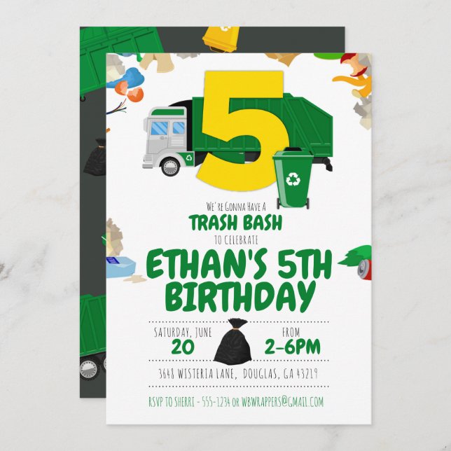 Garbage Truck Birthday, Garbage Truck 5th Birthday Invitation (Front/Back)