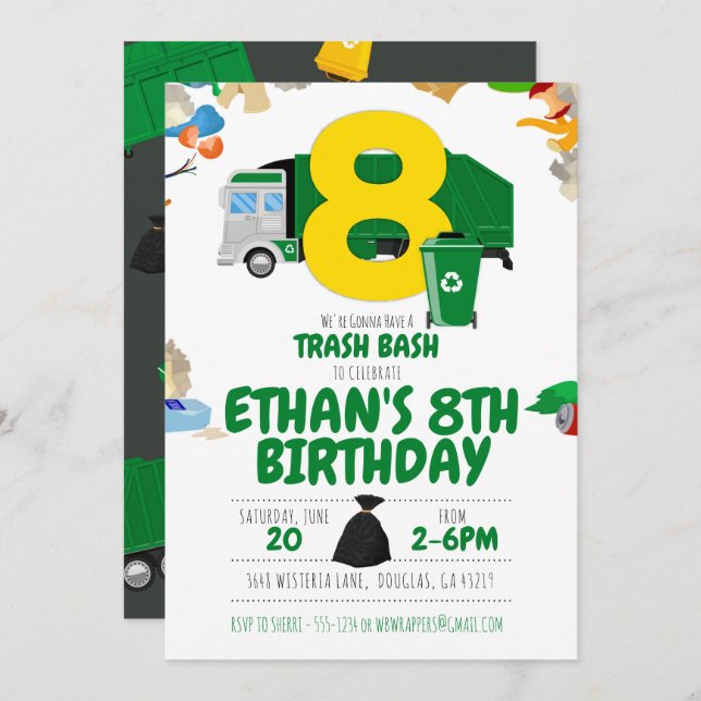 Garbage Truck Birthday, Garbage Truck 8th Birthday Invitation (Front/Back)