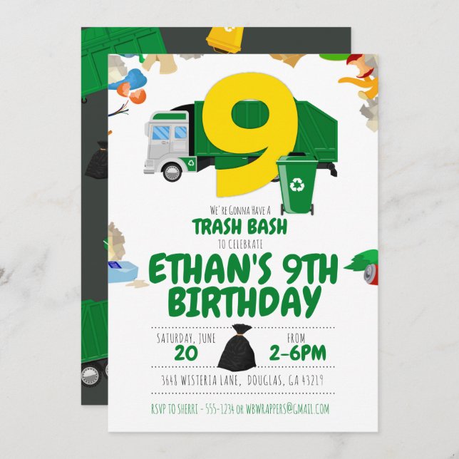 Garbage Truck Birthday, Garbage Truck 9th Birthday Invitation (Front/Back)