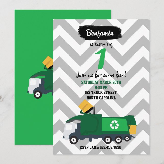 Garbage Truck Birthday Invitation for Boy or Girl (Front/Back)