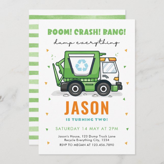 Garbage Truck Birthday Invitation Trash Party (Front/Back)