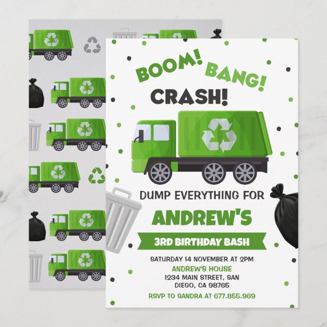 Garbage Truck Birthday Invitation Trash Party (Front/Back)