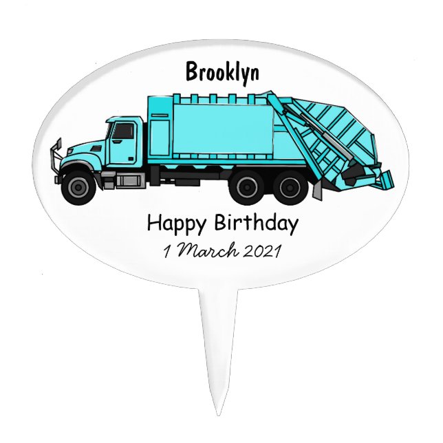 Garbage truck cartoon illustration cake topper (Front)