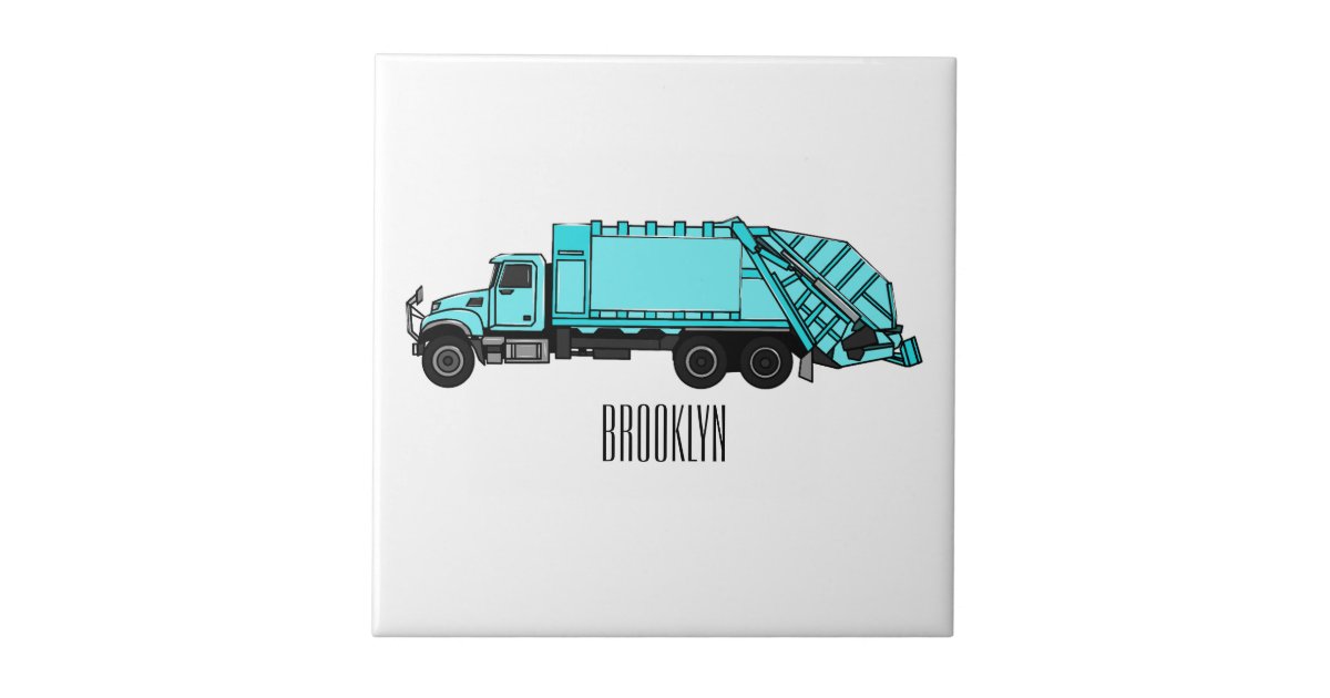 Garbage truck cartoon illustration ceramic tile | Zazzle