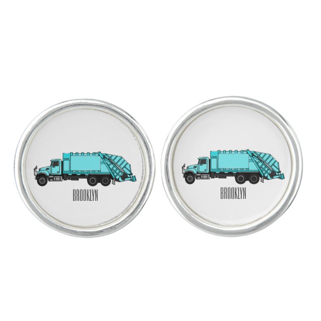 Garbage truck cartoon illustration cufflinks (Front)