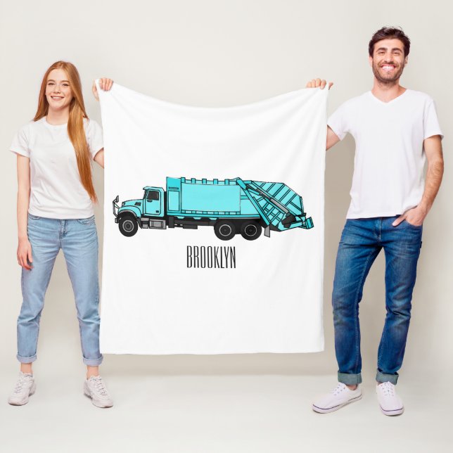 Garbage truck cartoon illustration fleece blanket (In Situ)