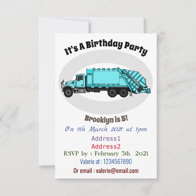 Garbage truck cartoon illustration invitation (Front)