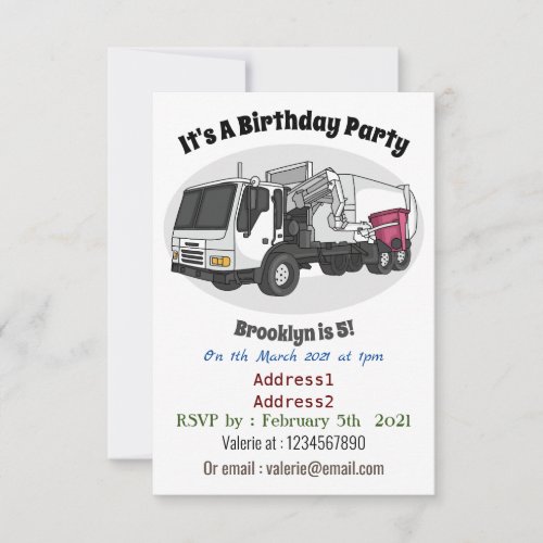 Garbage truck cartoon illustration invitation