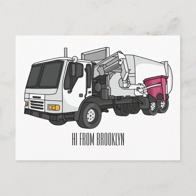 Garbage truck cartoon illustration postcard (Front)