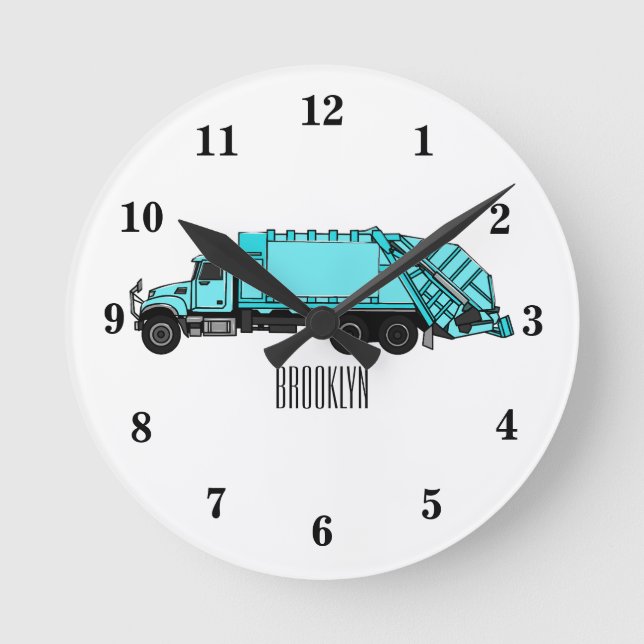 Garbage truck cartoon illustration round clock (Front)