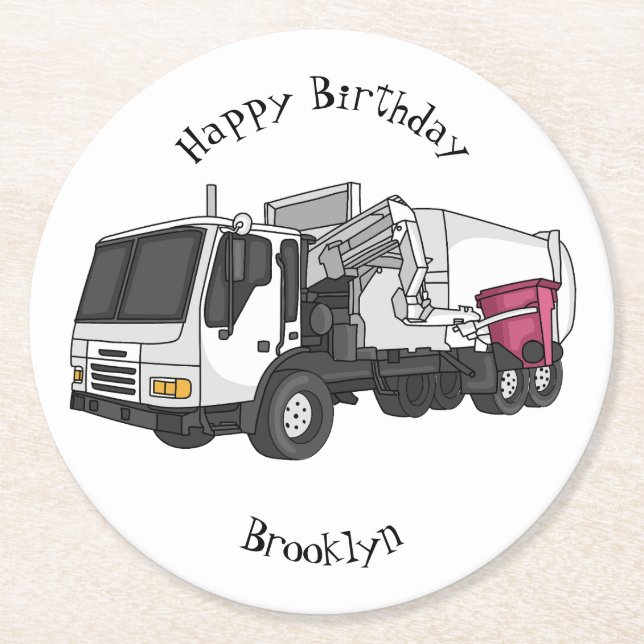 Garbage truck cartoon illustration round paper coaster (Front)