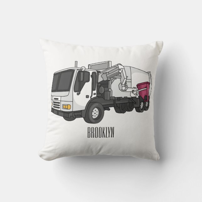Garbage truck cartoon illustration throw pillow (Front)