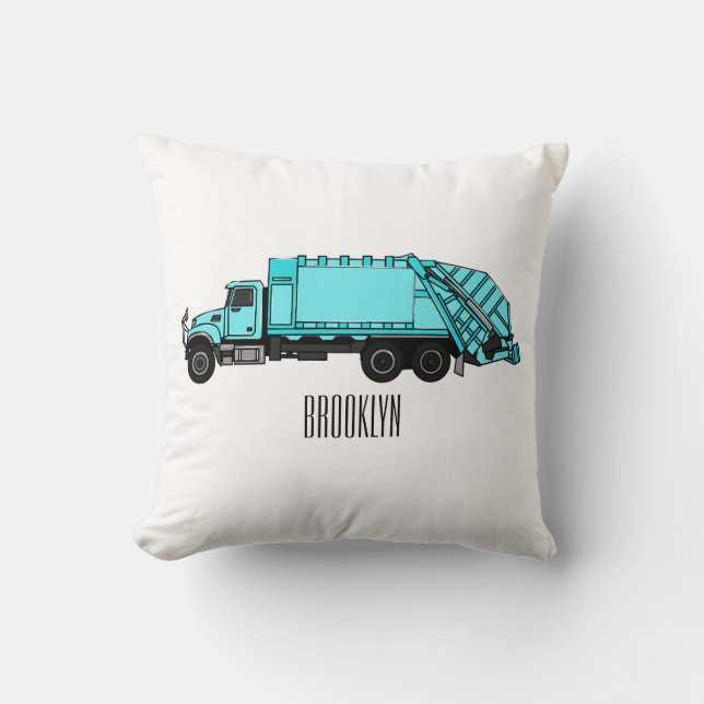 Garbage truck cartoon illustration throw pillow (Front)