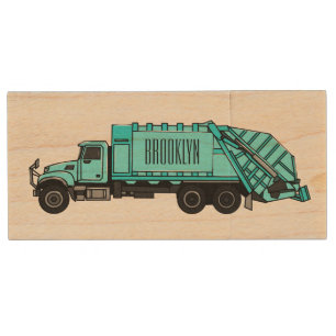 Garbage truck cartoon illustration wood flash drive