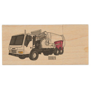 Garbage truck cartoon illustration wood flash drive