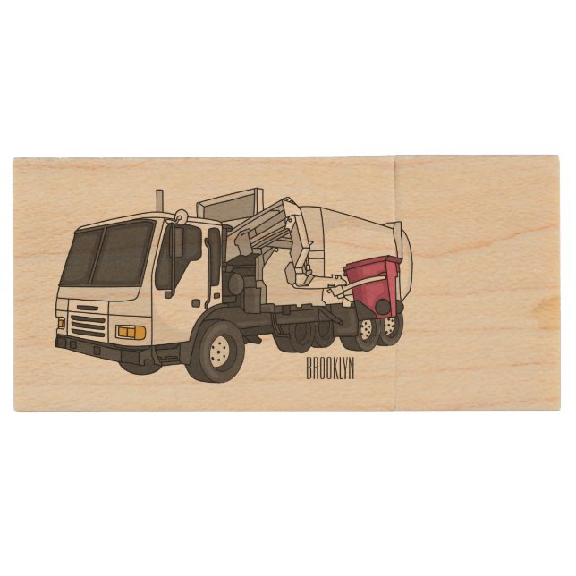 Garbage truck cartoon illustration wood flash drive (Front)