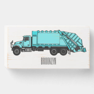 Garbage truck cartoon illustration wooden box sign