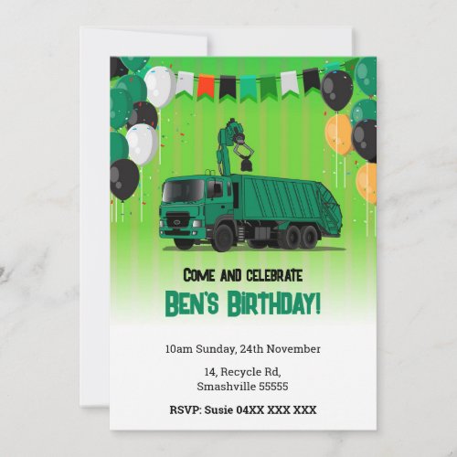 Garbage Truck Childrens Birthday Invitation