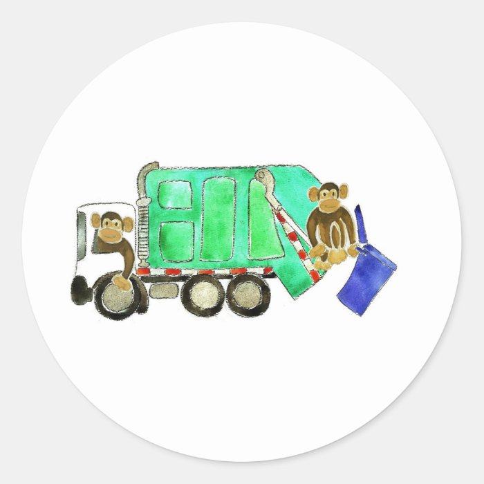 Garbage Truck Monkey Round Sticker