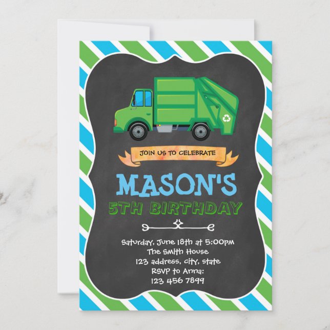 Garbage truck party birthday invitation (Front)