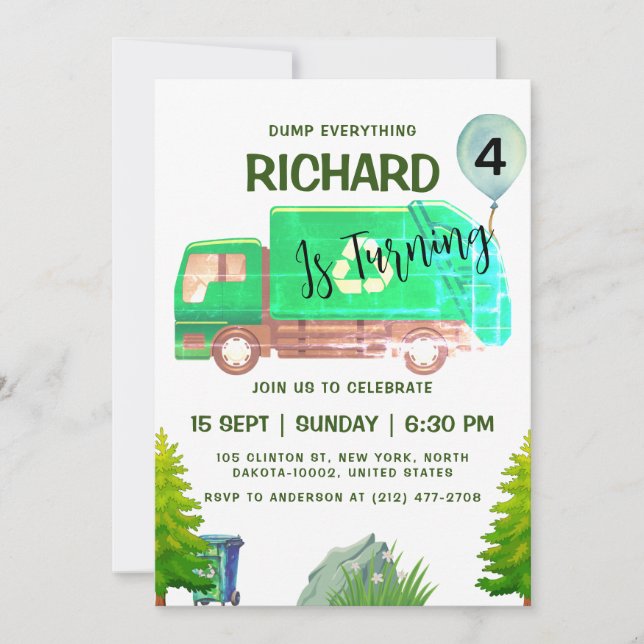 Garbage Truck Party Ready to Roll Kids Birthday Invitation (Front)