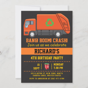 Garbage Truck Themed Kids Fun Birthday Party Invitation