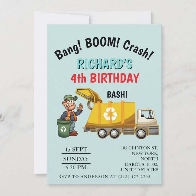 Garbage Truck Themed Kids Trash Party Birthday Invitation (Front)