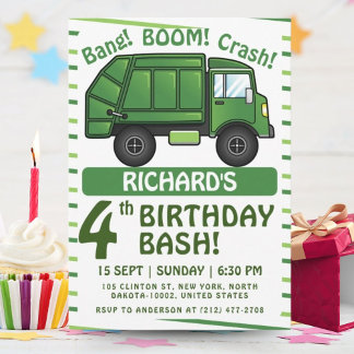 Garbage Truck Themed Kids Trash Party Birthday Invitation